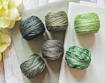 Pack 6x Size 12 Pearl Cotton Variegated Thread in Green Shades by Valdani/ Perle Cotton Floss/ Quilting Floss/ Green Perle Thread/