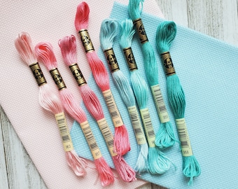 8x Turquoise and Pink DMC Flosses,Dmc Threads, DMC Kit, Dmc Set of Colors, Dmc Cotton Floss,Dmc Embroidery Floss, Threads,Cross Stitch Floss