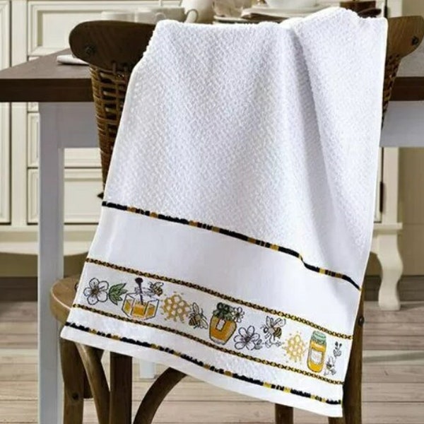 Torchon de cuisine point de croix (45 cm x 70 cm) 14 unités, couleur blanche, thème abeille par Dolher Vigo/AIDA serviette, serviette à point de croix, serviette en toile