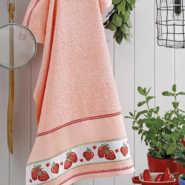 Torchon de cuisine point de croix (45 cm x 70 cm) 14 unités - Couleur pêche avec fraises - Serviette Dohler/AIDA, serviette à point de croix