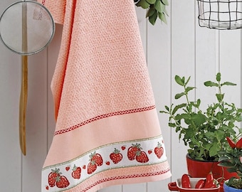 Cross Stitch Kitchen Towel (45cm x 70cm) - Color Peach with Strawberries - Dohler/ AIDA Towel, Towel to Cross Stitch