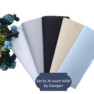 Set 5x AIDA 14 count by Zweigart - Each Cut Measures 10&quot;x10&quot; (Colors: White, Pewter, Black, Beige, Soft Blue), 14ct AIDA,Cross Stitch Fabric