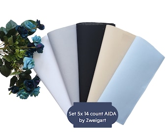 Lot de 5 AIDA 14 pièces par Zweigart - Chaque coupe mesure 10 x 10 po. (Couleurs : blanc, étain, noir, beige, bleu clair), AIDA 14 carats, point de croix
