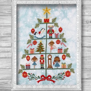 Puede incluir: Arte de punto de cruz enmarcado con un diseño de árbol de Navidad. El árbol está adornado con adornos, regalos y personajes del ballet El Cascanueces. La obra de arte está sobre un fondo azul claro con un marco blanco.