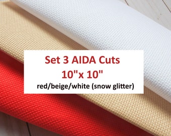 14ct AIDA Stoffzuschnitte Set - Rot, Beige, Weiß Opalisierend (10" x 10")