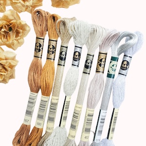May include: Eight spools of DMC embroidery floss in various shades of brown, beige, and gray. The spools are labeled with the DMC color numbers: 167, 680, E677, E168, 453, S76, and B.