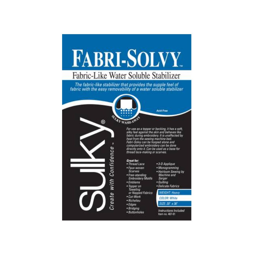 SULKY Fabri-Solvy Washaway Stabilizer White 20in x 1yd - Item 407-01, Water Soluble Stabilizer, Sulky Fabri Solvy, Water Soluble Fabric