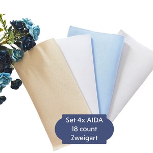 Set 4x AIDA 18 count by Zweigart - Each Cut Measures 10&quot;x10&quot; (Colors: Silvery Moon, Beige, Soft Blue, White)/ 18ct AIDA, Cross Stitch Fabric