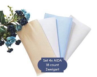 Lot de 4 AIDA 18 pièces par Zweigart - Chaque coupe mesure 25,4 x 25,4 cm (Couleurs : lune argentée, beige, bleu clair, blanc)/AIDA 18 carats, point de croix