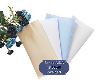 Set 4x AIDA 18 count by Zweigart - Each Cut Measures 10"x10" (Colors: Silvery Moon, Beige, Soft Blue, White)/ 18ct AIDA, Cross Stitch Fabric