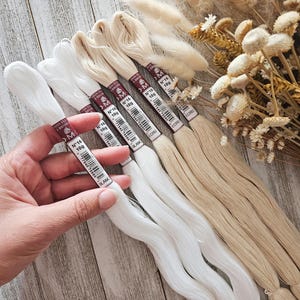 May include: A selection of embroidery floss in shades of white and beige. The floss is labeled with the brand name and weight, with the text "BLANC" and "ECRU" visible. Dried flowers and foliage are in the background.