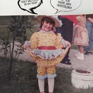 May include: A young girl wearing a yellow and blue dress with a red sash and a straw hat. She is standing in a grassy area with a white bucket in the background. The text "YOU ARE VERY WELCOME IN MY SHOP" is in a speech bubble above her head. The text "MESSAGE ME IF YOU HAVE ANY QUESTIONS!" is in a speech bubble above her head.