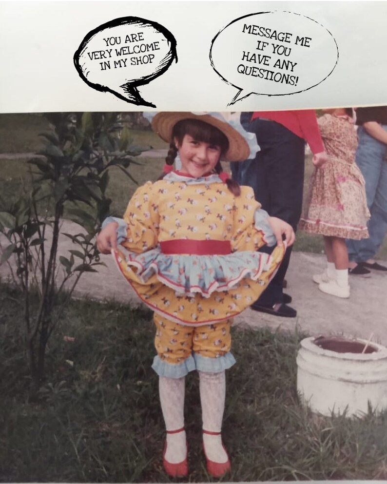 May include: A young girl wearing a yellow and blue dress with a red sash and a straw hat. She is standing in a grassy area with a white bucket in the background. The text "YOU ARE VERY WELCOME IN MY SHOP" is in a speech bubble above her head. The text "MESSAGE ME IF YOU HAVE ANY QUESTIONS!" is in a speech bubble above her head.