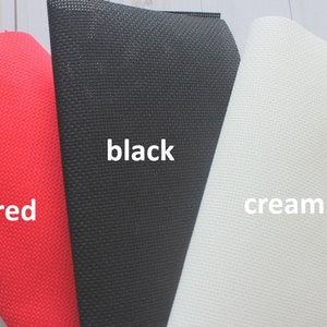 May include: Three fabric swatches in red, black, and cream. The swatches are labeled "red", "black", and "cream".