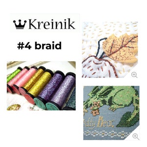 Op de afbeelding: Een close-up van spoelen Kreinik #4 braid borduurgaren in verschillende kleuren, waaronder groen, roze, goud, paars en zilver. De spoelen zijn in een rij gerangschikt, met de labels naar de kijker gericht.