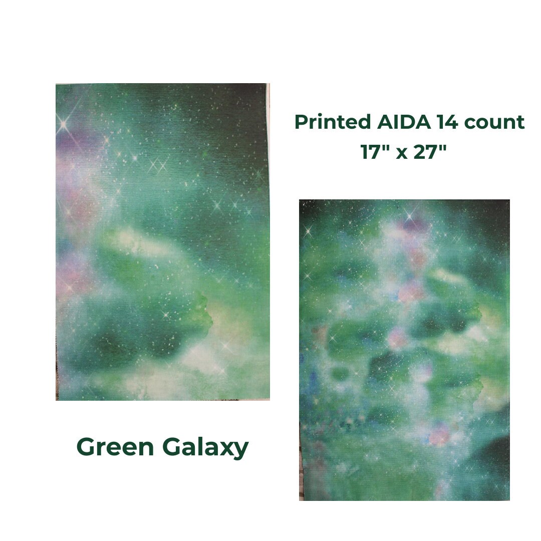 14ct Printed Aida Fabric green Galaxy 17x 27 45cm X 68cm, Fabric Flair