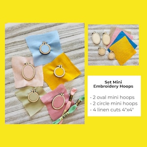 May include: Set of mini embroidery hoops with 2 oval hoops, 2 circle hoops, and 4 linen cuts, each measuring 10 cm by 10 cm. The hoops are displayed on squares of fabric in various colours, including blue, yellow, pink, and green.