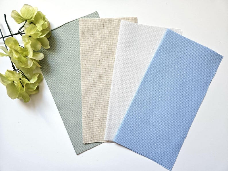 Set 4x AIDA 18 count by Zweigart - Each Cut Measures 10"x10" (Colors: Silvery Moon, Oatmeal, Soft Blue, Celadon)/ 18ct AIDA image 1