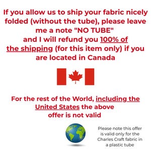 Pode incluir: Texto em fundo branco detalhando as op&ccedil;&otilde;es de envio para tecido. Inclui uma bandeira canadense e um globo. O texto menciona um reembolso para clientes canadenses que solicitam tecido sem tubo.