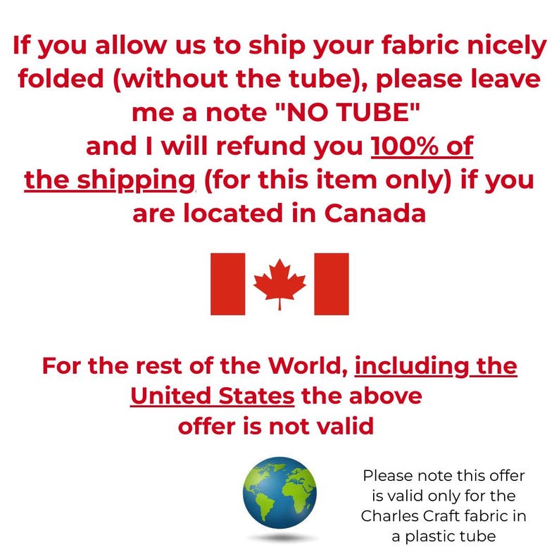 Pode incluir: Texto em fundo branco detalhando as op&ccedil;&otilde;es de envio para tecido. Inclui uma bandeira canadense e um globo. O texto menciona um reembolso para clientes canadenses que solicitam tecido sem tubo.