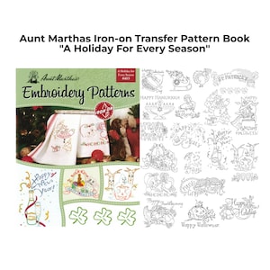 May include: An Aunt Martha's iron-on transfer pattern book, "A Holiday For Every Season." The cover displays embroidery patterns for Christmas, Easter, and Halloween. The book includes the text "Embroidery Patterns."