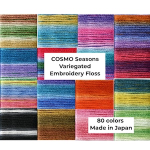 Può includere: Una collezione di 80 matasse di filo da ricamo variegato in una varietà di colori. Il filo è prodotto in Giappone ed è etichettato "COSMO Seasons Variegated Embroidery Floss".