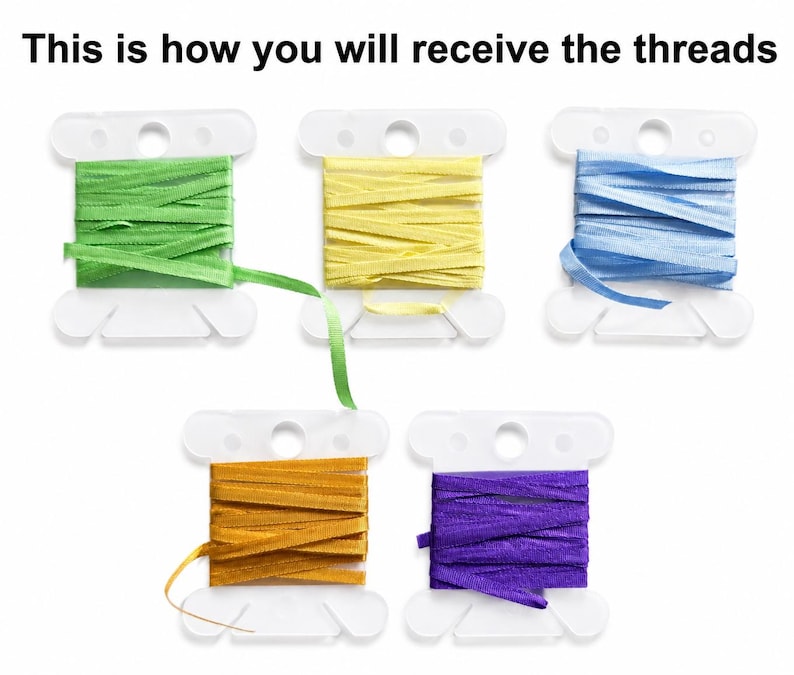 May include: Five white plastic bobbins wrapped with colorful ribbon threads in green, yellow, light blue, gold, and purple. The text "This is how you will receive the threads" is displayed at the top of the image above the bobbins.