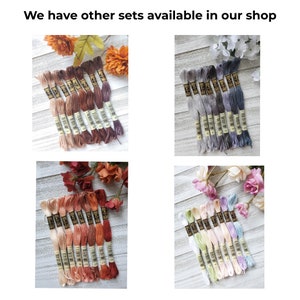 May include: Four sets of embroidery floss in different color palettes. Each set contains 10 skeins of floss. The colors include shades of brown, gray, peach, and light blue.