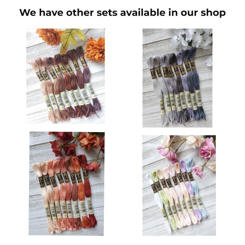 May include: Four sets of embroidery floss in different color palettes. Each set contains 10 skeins of floss. The colors include shades of brown, gray, peach, and light blue.