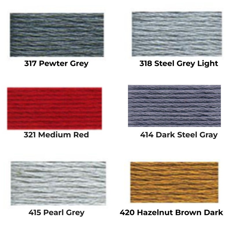 Peut inclure: Six bobines de fil &agrave; broder de diff&eacute;rentes couleurs, dont gris &eacute;tain, gris acier clair, rouge moyen, gris acier fonc&eacute;, gris perle et brun noisette fonc&eacute;. Chaque bobine est &eacute;tiquet&eacute;e avec un num&eacute;ro et un nom de couleur.