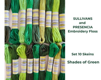 Set 10 Skeins by SULLIVANS and PRESENCIA - Green Shades, Embroidery Floss 6 Strands, Cross Stitch Thread, Embroidery Thread, Green Thread