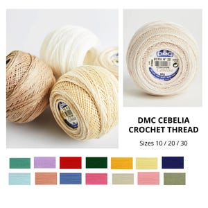 May include: DMC Cebelia crochet thread balls in various neutral shades including white, cream, and beige. Each ball features a central label with the text DMC ECRU N 20 Cebelia 50g. A color chart displays 14 additional thread color options.
