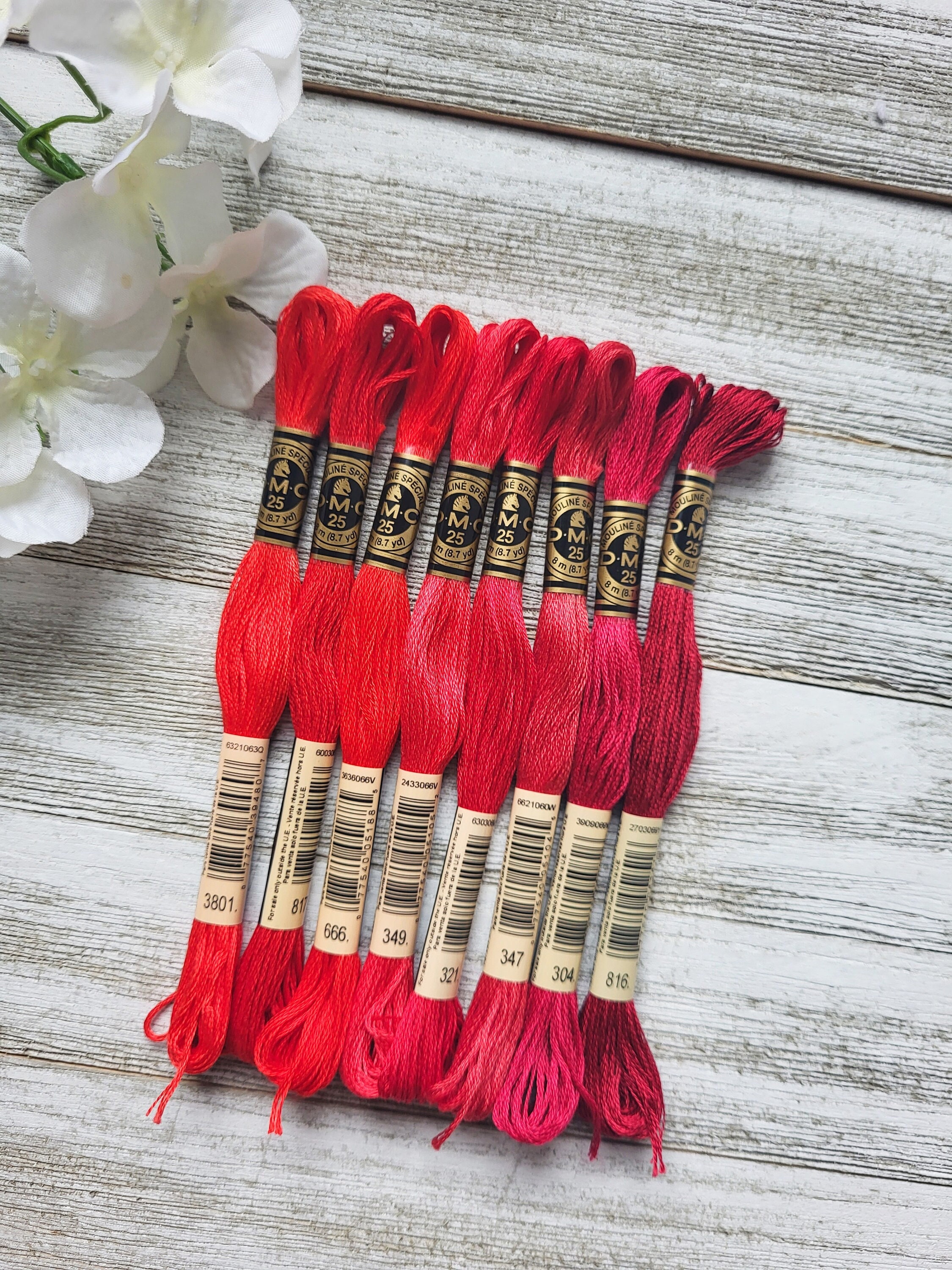 8x Red DMC Flosses, Dmc Threads, DMC Set of Red Colors, Dmc Cotton