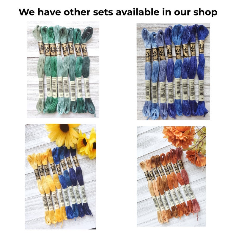 May include: Assortment of embroidery floss in various colors, including green, blue, yellow, and orange. The floss is arranged in rows on a wooden surface.  We have other sets available in our shop.