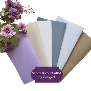 Set 6x AIDA 14 count by Zweigart - Each Cut Measures 10&quot;x10&quot; (Colors: White and Silver, Dirty, Misty Blue, Ant. White, Platinum, Lavender)