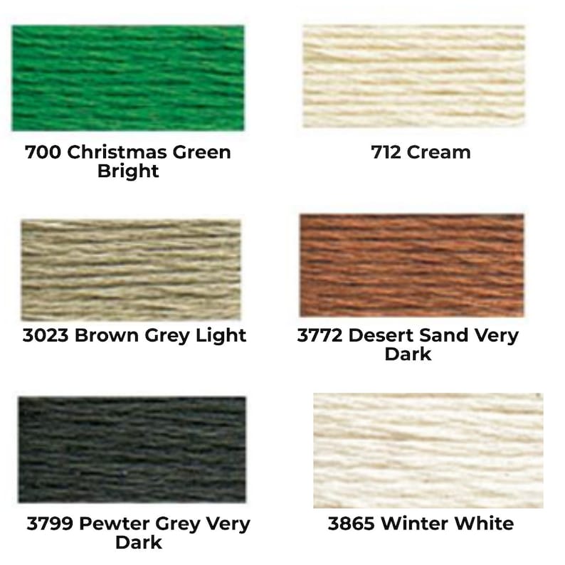 Peut inclure: Six &eacute;cheveaux de fil &agrave; broder de diff&eacute;rentes couleurs&nbsp;: vert de No&euml;l brillant, cr&egrave;me, gris brun clair, sable du d&eacute;sert tr&egrave;s fonc&eacute;, gris &eacute;tain tr&egrave;s fonc&eacute; et blanc d&rsquo;hiver.