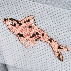 May include: A pink and brown embroidered fish design on a light blue fabric background.