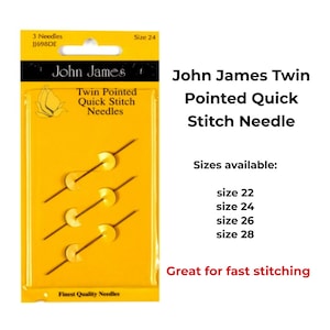 Könnte beinhalten: Eine Packung mit drei John James Twin Pointed Quick Stitch Nadeln in Größe 24. Die Nadeln sind goldfarben und haben eine doppelte Spitze. Die Verpackung ist gelb und hat den Markennamen John James aufgedruckt. Der Text "Twin Pointed Quick Stitch Needles" ist ebenfalls auf der Verpackung aufgedruckt. Die Verpackung ist mit "Finest Quality Needles" gekennzeichnet.