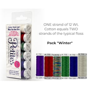 May include: A pack of "Winter" embroidery floss. The pack contains six spools of 12 wt. cotton thread in shades like purple, red, green, and blue. The packaging states "Easier, Faster and More Fun than Floss". Each spool contains 45.72 meters of thread.