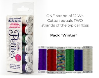 May include: A pack of "Winter" colored embroidery floss. The pack includes six spools of 12 wt. cotton thread in various colors, including purple, red, green, and blue. The text on the packaging reads "Easier, Faster and More Fun than Floss."