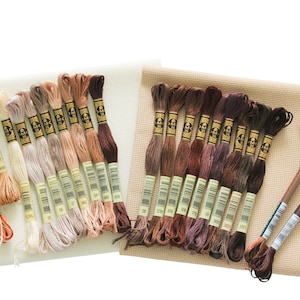 May include: A set of embroidery floss in various shades of brown and beige, arranged on two pieces of Aida cloth. The floss is DMC brand and the colors are numbered.