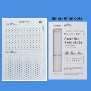 May include: White Sashiko template with 5mm-6mm dot grid for even marking. The template includes the text "Sashiko Template" and "Diagonal dot grid". The size is 13 x 18 cm.