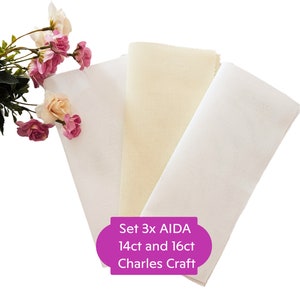 Set 3x AIDA 14 count and 16 count by Charles Craft - Each Cut Measures 10&quot;x10&quot; (Colors: White and Ant. White)/ 16ct AIDA,Cross Stitch Fabric