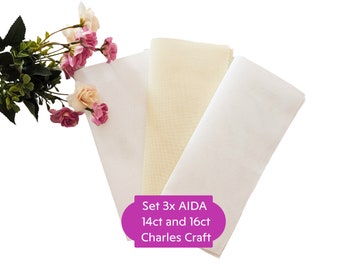 Set 3x AIDA 14 count and 16 count by Charles Craft - Each Cut Measures 10"x10" (Colors: White and Ant. White)/ 16ct AIDA,Cross Stitch Fabric