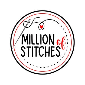 May include: A circular logo with the text "Million of Stitches" in black, with the word "of" in red. A needle and thread design is above the text, with a red heart. The logo is bordered by a red and black circle.