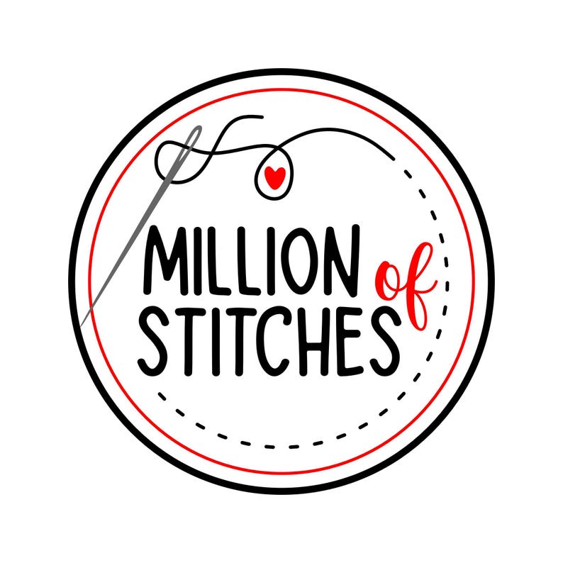 May include: A circular logo with the text "Million of Stitches" in black, with the word "of" in red. A needle and thread design is above the text, with a red heart. The logo is bordered by a red and black circle.