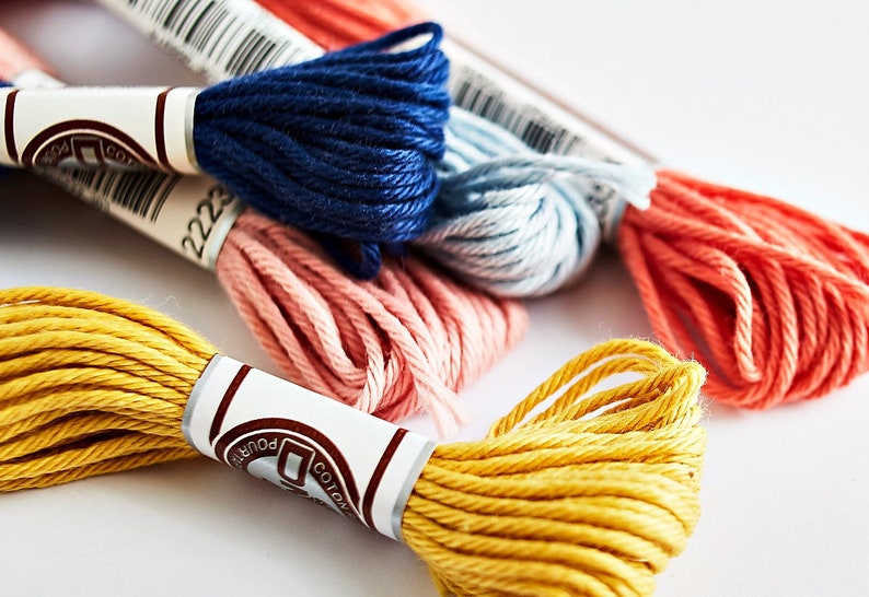 Pu&ograve; includere: Assortimento di rocchetti di filo da ricamo in giallo, rosa, blu e arancione. I rocchetti sono etichettati con il testo "DMC Coton Pour Broderie 2222".