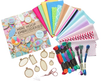 Bundle Mini Hoop Embroidery - Kit comes with Book, Needles, Fabrics,Threads, Scissors and Wooden Mini Hoops/Embroidery Kit /Tiny Embroidery