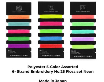 Zestaw 5-kolorowych, 6-nitkowych nici do haftu nr 25 w kolorze neonowym - 100% poliester - wyprodukowano w Japonii - 3,3 jarda/kolor / Nici do haftu neonowego