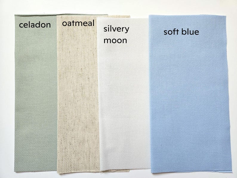 four fabric swatches, each with a different color: celadon, oatmeal, silvery moon, and soft blue.
